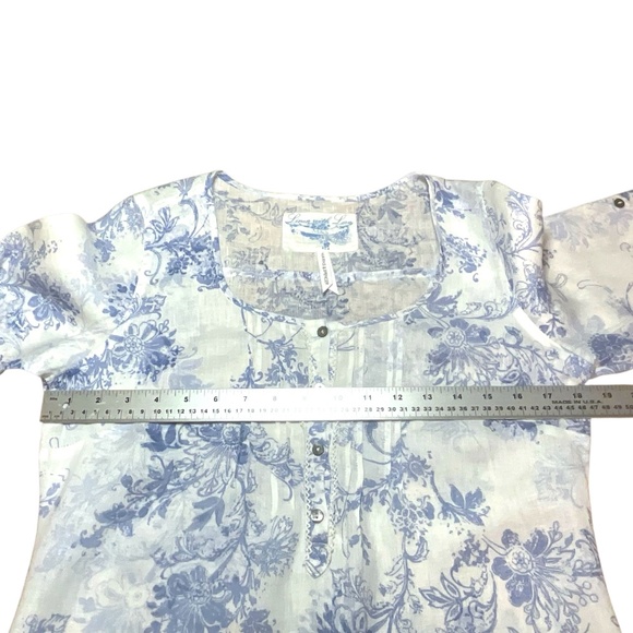 MARKS & SPENCER 100% Linen with Love White Blue 3/4 Roll Tab Sleeve Top Sz S - Picture 5 of 9